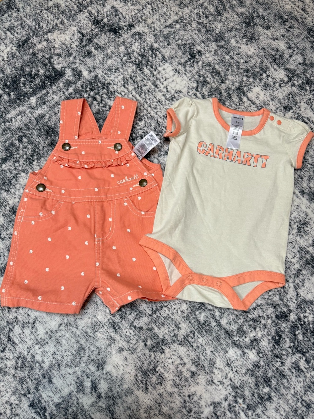 Carhartt Coral Dot Short Overalls with Cream & Coral Trim Bodysuit - NWOT